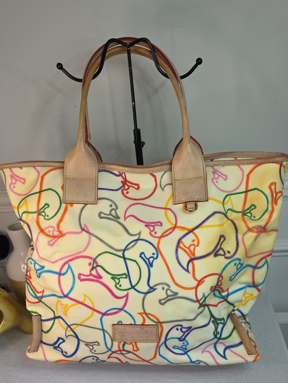 Dooney & Bourke Bella Shopper Tote Rainbow Sketch Duck Cream Canvas Bag